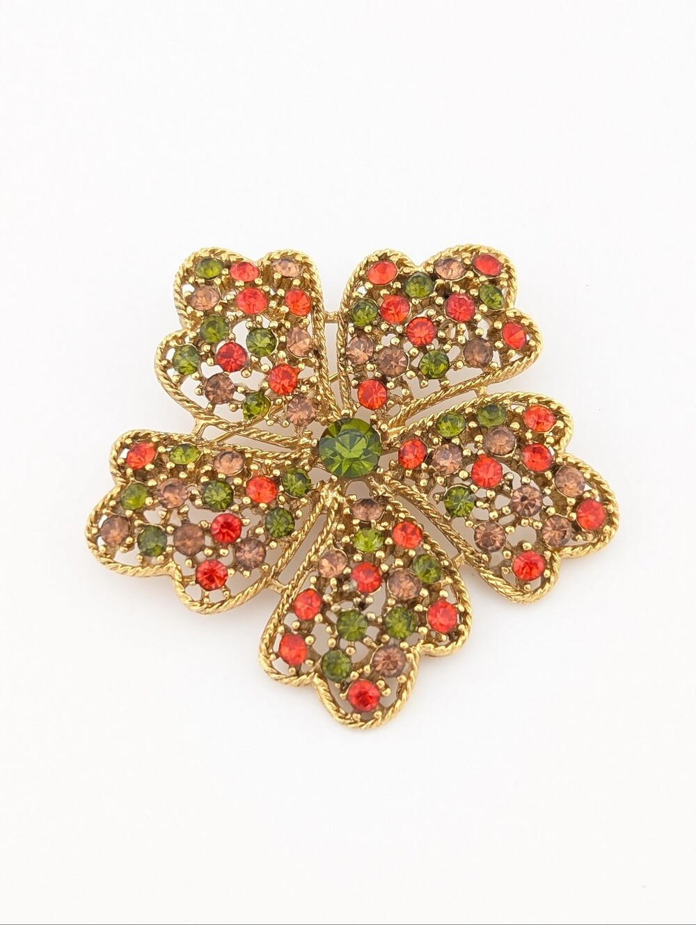 VTG Crystal Gold Red Green Flower Brooch Pin